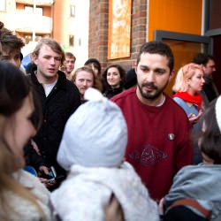 Picture Of Transformers actor Shia LaBeouf greets fans as he finishes 24hr lift stunt